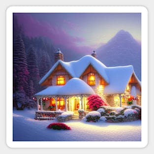 Magical Fantasy House with Lights in a Snowy Scene, Fantasy Cottagecore artwork Magnet